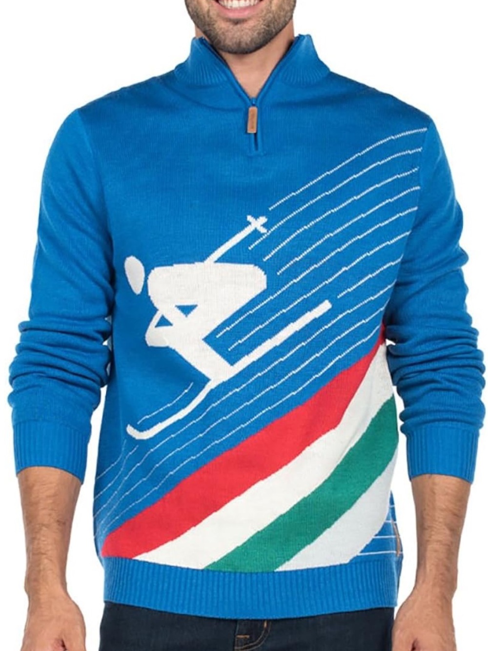 Tipsy Elves Men’s Retro Ski Sweater Blue Quarter Zip Size M